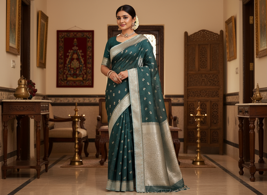 Dark Green Banarasi Russian Silk Saree in Checkered pattern with Small Floral Butta in Contrast Border- Traditional Wear