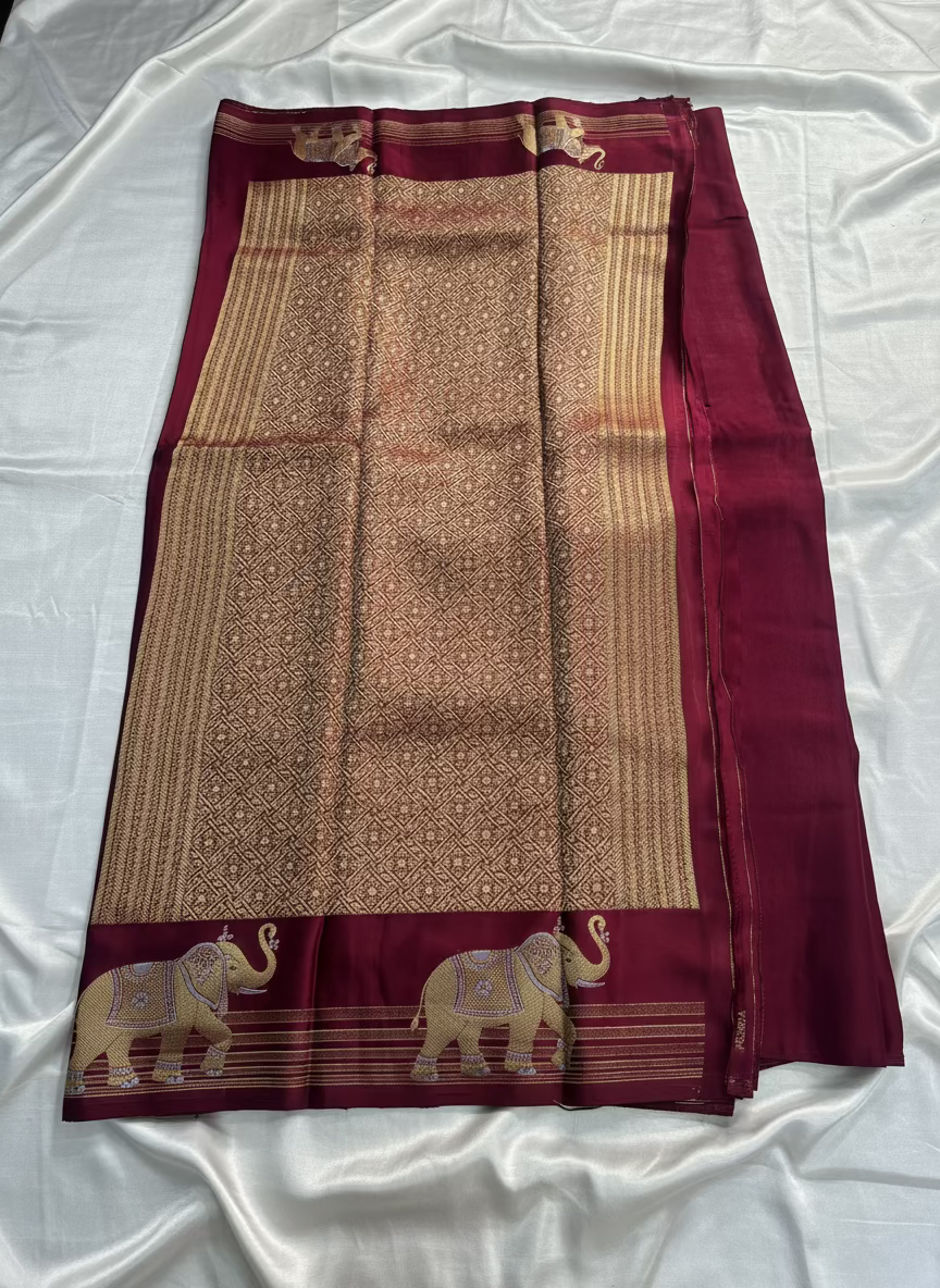 Magenta Banarasi Russian Silk Saree with Small Butta and Golden Elephant Figure Motifs - Designer Party Wear