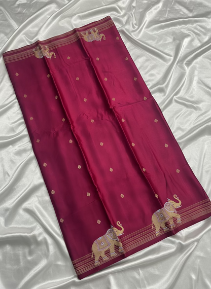 Magenta Banarasi Russian Silk Saree with Small Butta and Golden Elephant Figure Motifs - Designer Party Wear