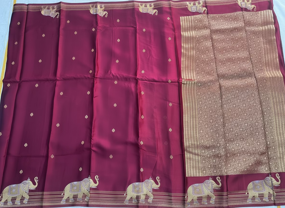 Magenta Banarasi Russian Silk Saree with Small Butta and Golden Elephant Figure Motifs - Designer Party Wear