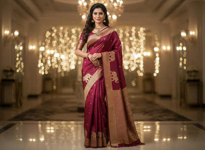 Magenta Banarasi Russian Silk Saree with Small Butta and Golden Elephant Figure Motifs - Designer Party Wear