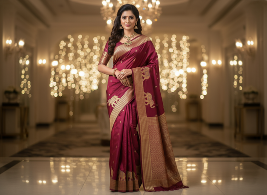 Magenta Banarasi Russian Silk Saree with Small Butta and Golden Elephant Figure Motifs - Designer Party Wear