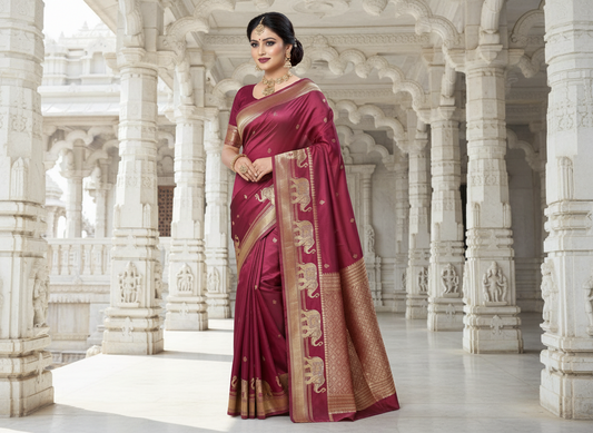 Magenta Banarasi Russian Silk Saree with Small Butta and Golden Elephant Figure Motifs - Designer Party Wear
