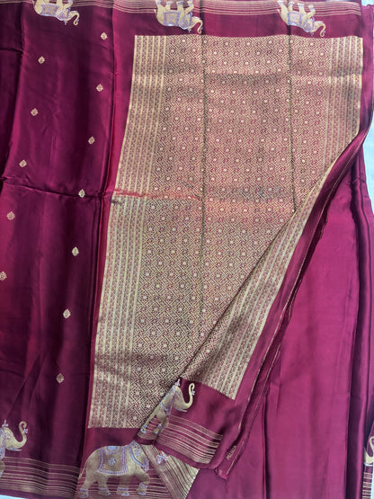 Magenta Banarasi Russian Silk Saree with Small Butta and Golden Elephant Figure Motifs - Designer Party Wear