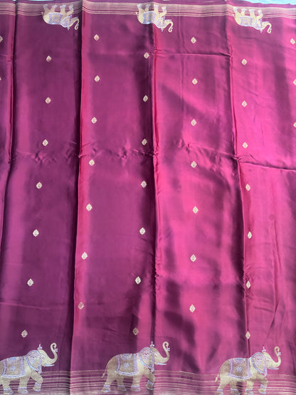 Magenta Banarasi Russian Silk Saree with Small Butta and Golden Elephant Figure Motifs - Designer Party Wear