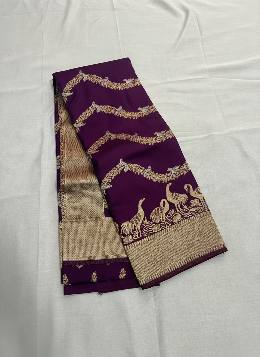 Wine Banarasi Mashru Silk Saree with Gold Wavy lines pattern with Flamingo Motifs Border - Designer Party Wear