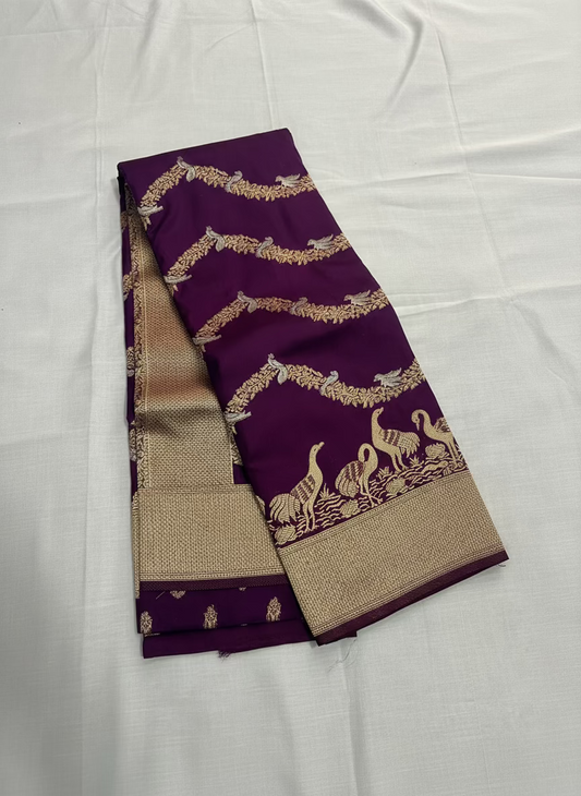 Wine Banarasi Mashru Silk Saree with Gold Wavy lines pattern with Flamingo Motifs Border - Designer Party Wear