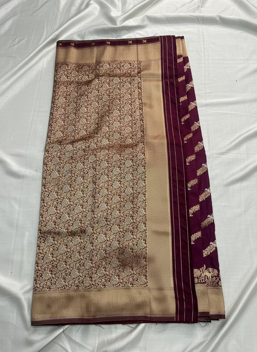 Wine Banarasi Mashru Silk Saree with Gold Wavy lines pattern with Flamingo Motifs Border - Designer Party Wear