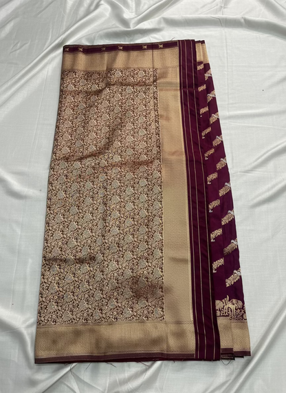 Wine Banarasi Mashru Silk Saree with Gold Wavy lines pattern with Flamingo Motifs Border - Designer Party Wear