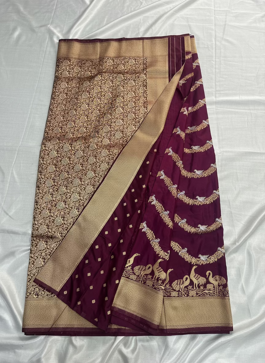 Wine Banarasi Mashru Silk Saree with Gold Wavy lines pattern with Flamingo Motifs Border - Designer Party Wear