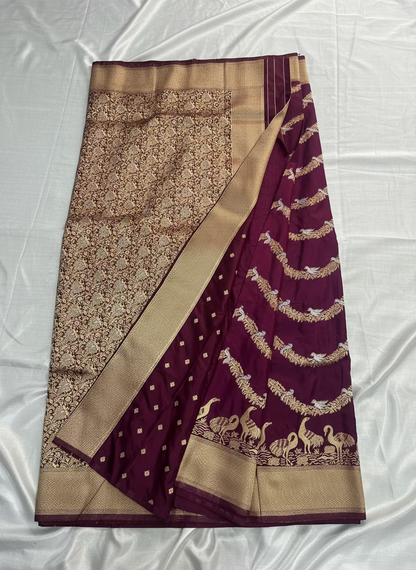 Wine Banarasi Mashru Silk Saree with Gold Wavy lines pattern with Flamingo Motifs Border - Designer Party Wear