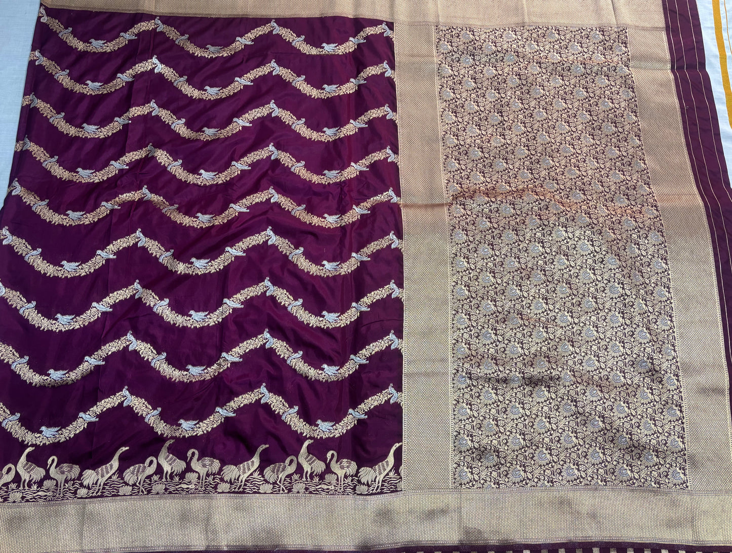 Wine Banarasi Mashru Silk Saree with Gold Wavy lines pattern with Flamingo Motifs Border - Designer Party Wear