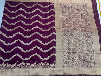 Wine Banarasi Mashru Silk Saree with Gold Wavy lines pattern with Flamingo Motifs Border - Designer Party Wear