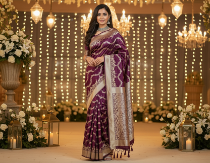 Wine Banarasi Mashru Silk Saree with Gold Wavy lines pattern with Flamingo Motifs Border - Designer Party Wear