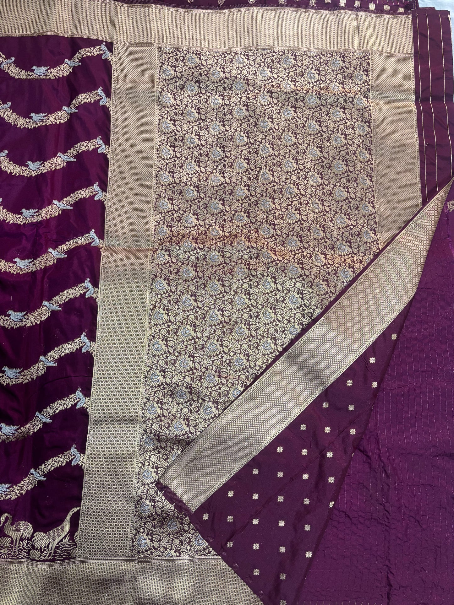 Wine Banarasi Mashru Silk Saree with Gold Wavy lines pattern with Flamingo Motifs Border - Designer Party Wear