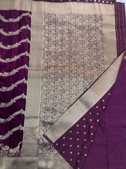 Wine Banarasi Mashru Silk Saree with Gold Wavy lines pattern with Flamingo Motifs Border - Designer Party Wear