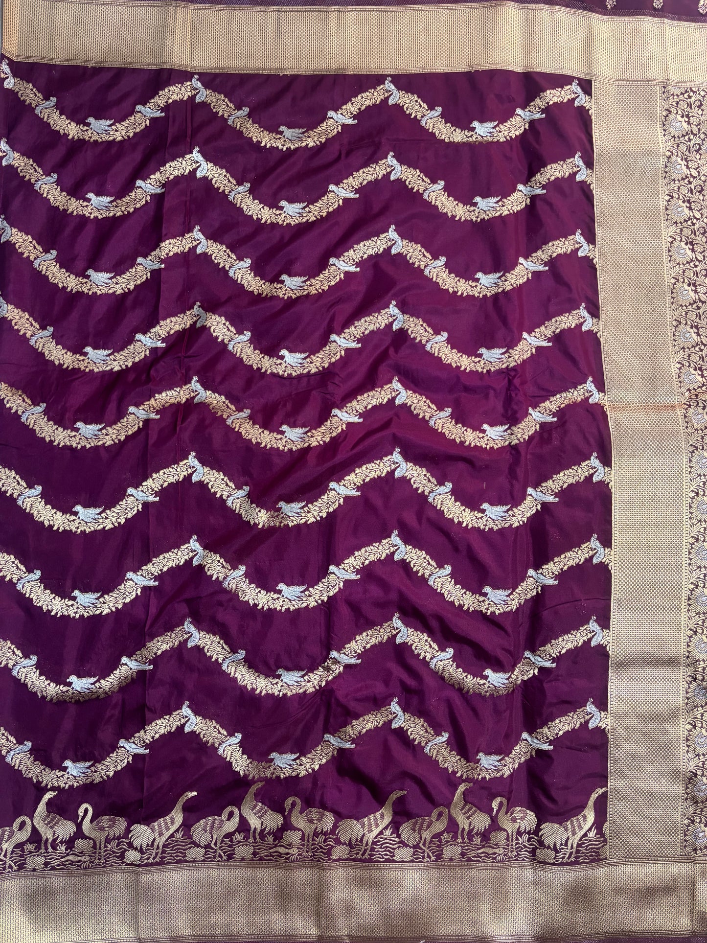 Wine Banarasi Mashru Silk Saree with Gold Wavy lines pattern with Flamingo Motifs Border - Designer Party Wear
