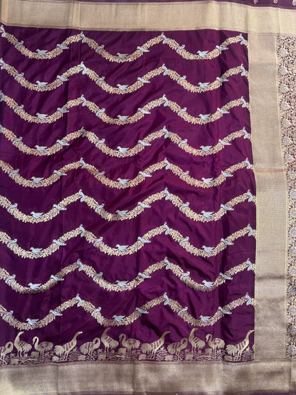 Wine Banarasi Mashru Silk Saree with Gold Wavy lines pattern with Flamingo Motifs Border - Designer Party Wear