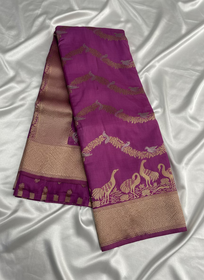Purple Banarasi Mashru Silk Saree with Gold Wavy lines pattern with Flamingo Motifs Border - Designer Party Wear