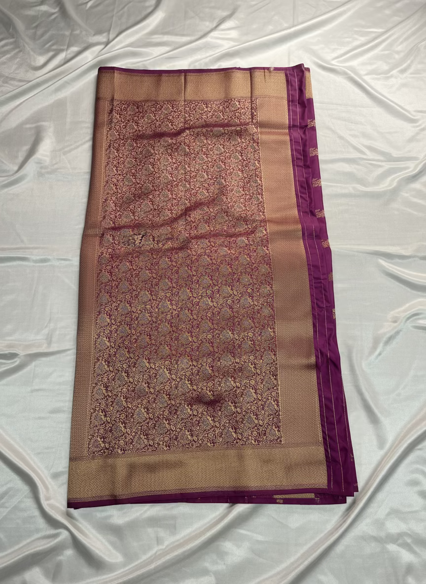 Purple Banarasi Mashru Silk Saree with Gold Wavy lines pattern with Flamingo Motifs Border - Designer Party Wear