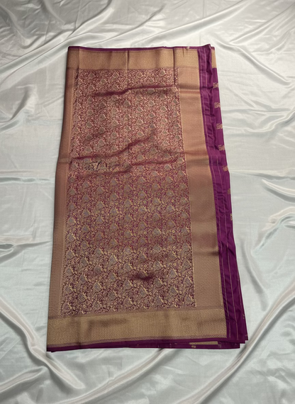 Purple Banarasi Mashru Silk Saree with Gold Wavy lines pattern with Flamingo Motifs Border - Designer Party Wear