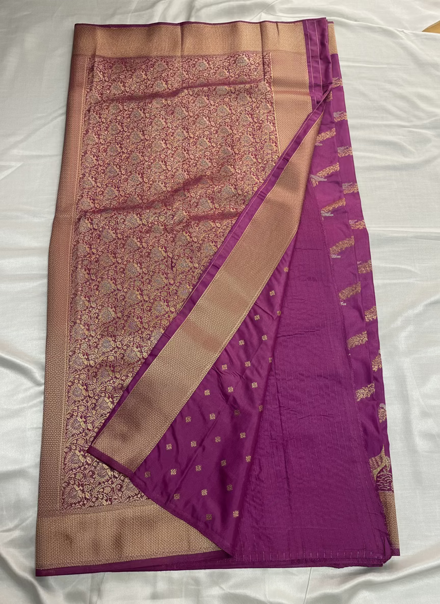 Purple Banarasi Mashru Silk Saree with Gold Wavy lines pattern with Flamingo Motifs Border - Designer Party Wear