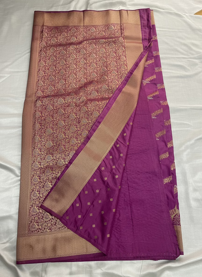 Purple Banarasi Mashru Silk Saree with Gold Wavy lines pattern with Flamingo Motifs Border - Designer Party Wear