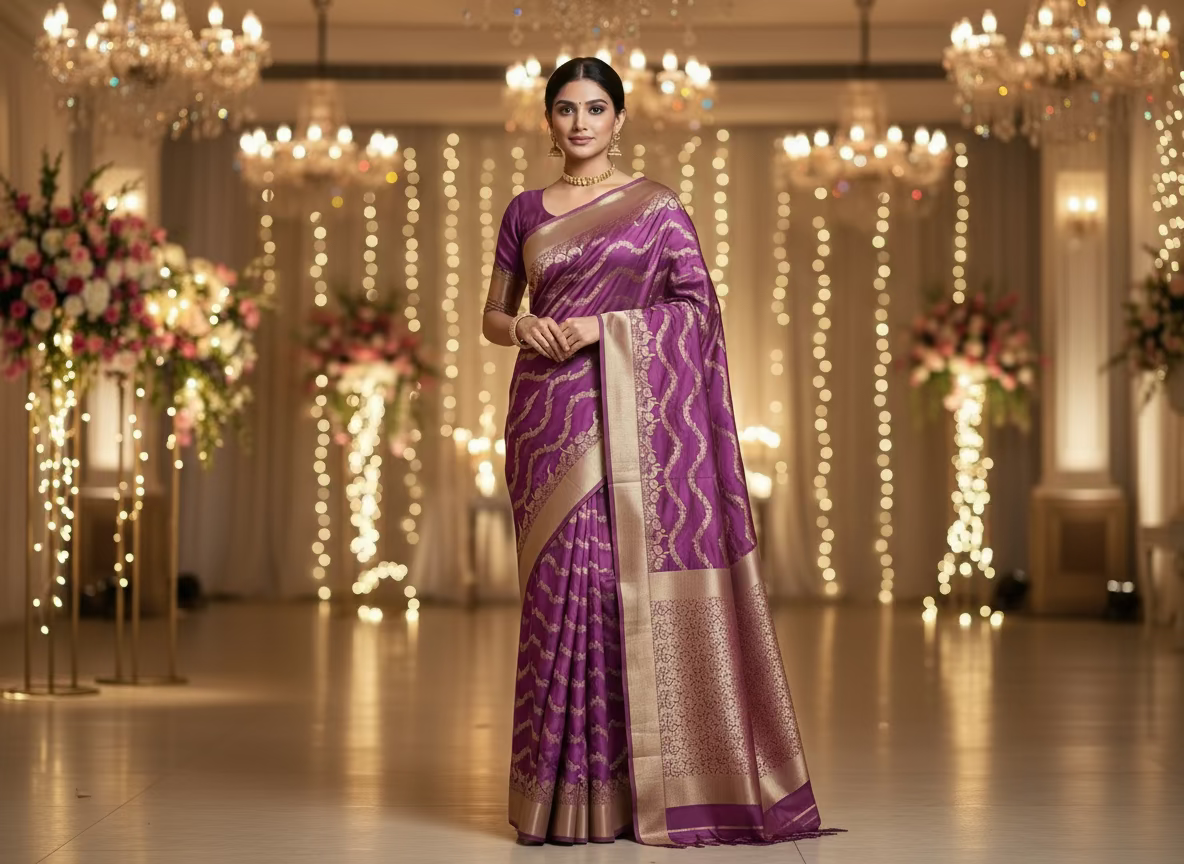 Purple Banarasi Mashru Silk Saree with Gold Wavy lines pattern with Flamingo Motifs Border - Designer Party Wear