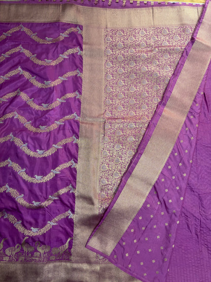 Purple Banarasi Mashru Silk Saree with Gold Wavy lines pattern with Flamingo Motifs Border - Designer Party Wear