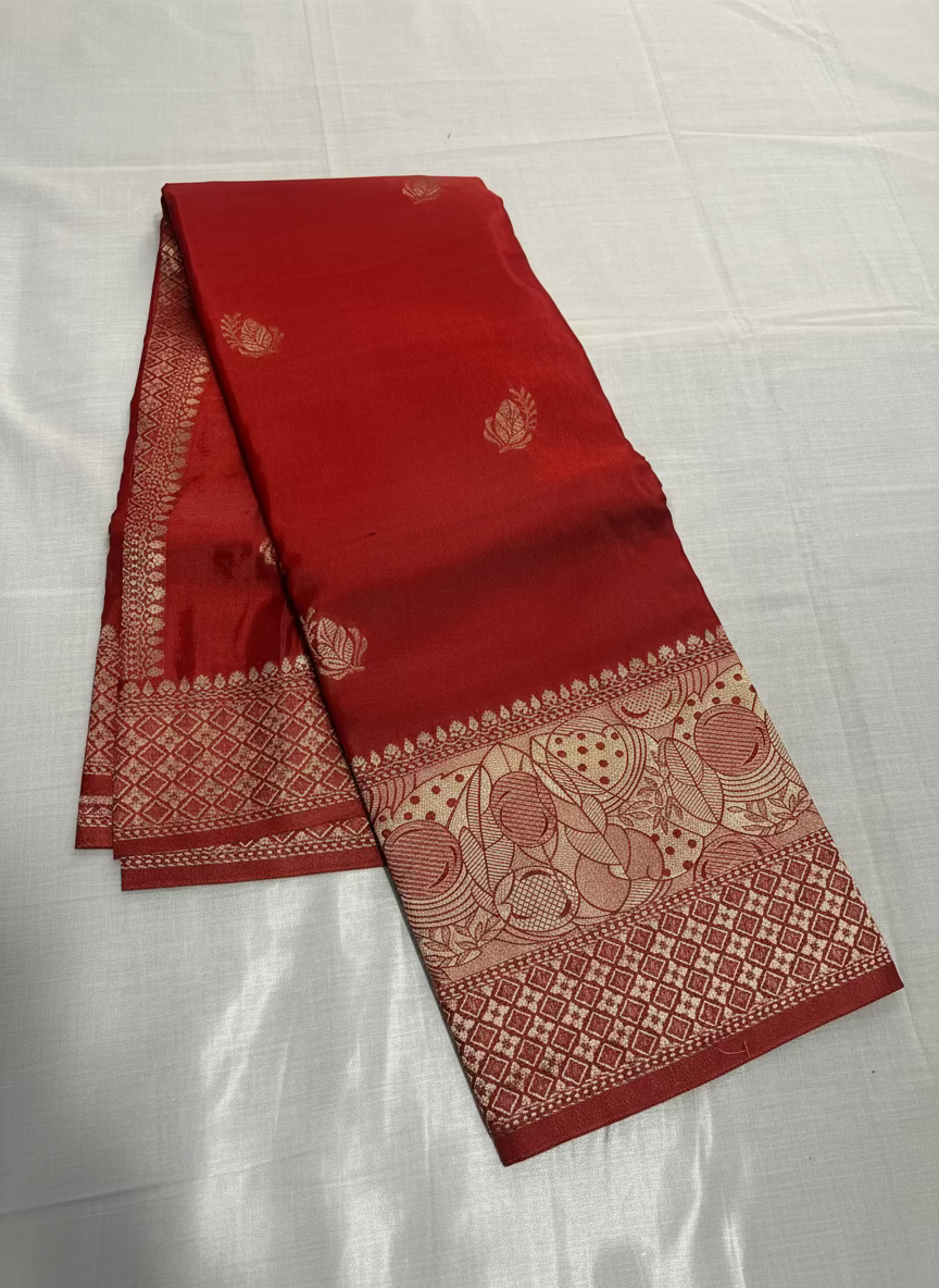 Red Banarasi Russian Silk Saree with Light Gold Pallu & Border - Traditional Wear