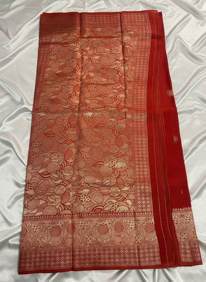Red Banarasi Russian Silk Saree with Light Gold Pallu & Border - Traditional Wear