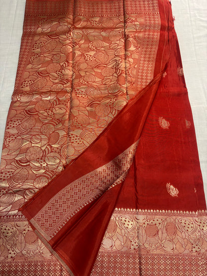 Red Banarasi Russian Silk Saree with Light Gold Pallu & Border - Traditional Wear