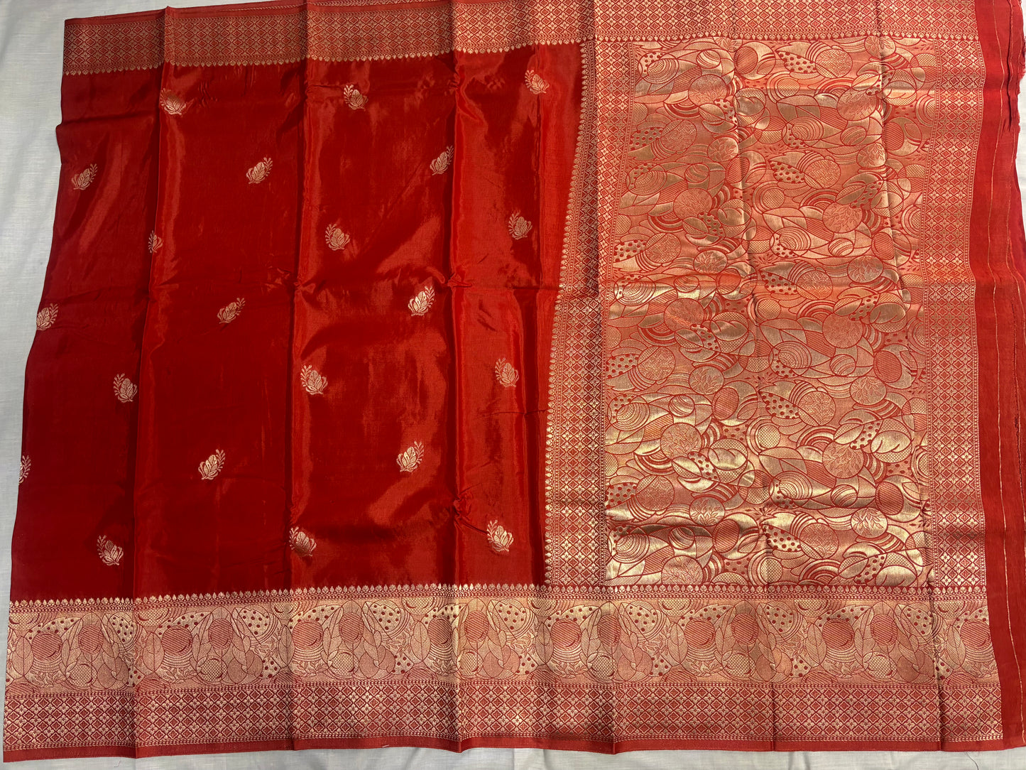 Red Banarasi Russian Silk Saree with Light Gold Pallu & Border - Traditional Wear