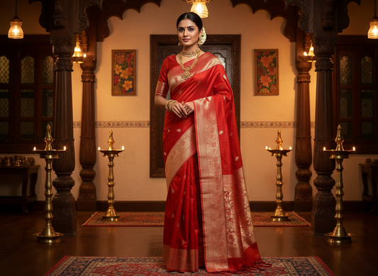 Red Banarasi Russian Silk Saree with Light Gold Pallu & Border - Traditional Wear