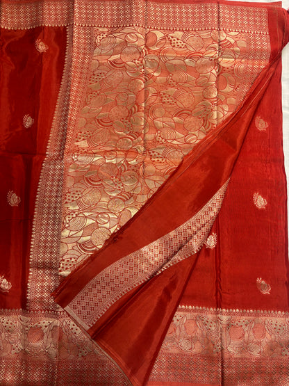Red Banarasi Russian Silk Saree with Light Gold Pallu & Border - Traditional Wear