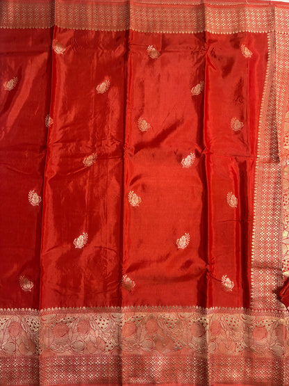 Red Banarasi Russian Silk Saree with Light Gold Pallu & Border - Traditional Wear