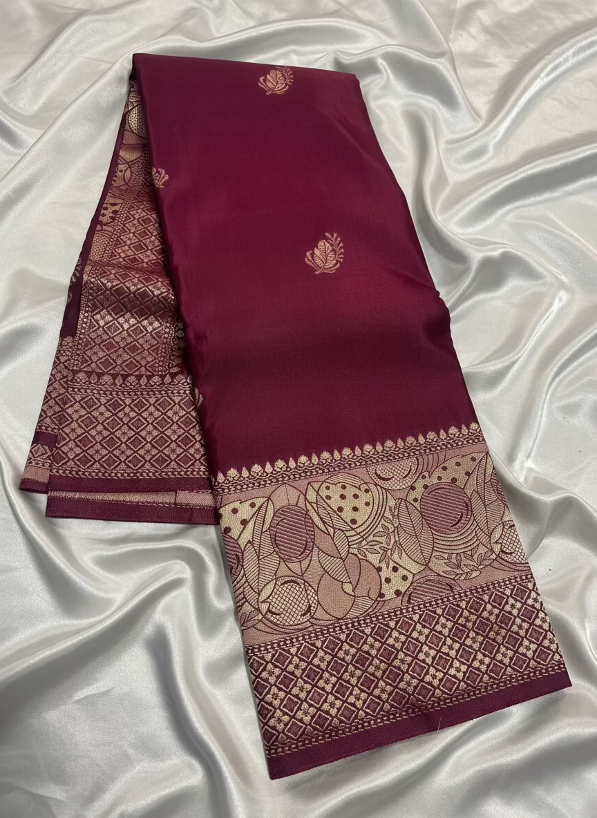 Maroon Banarasi Russian Silk Saree with Light Gold Pallu & Border - Traditional Wear