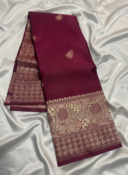 Maroon Banarasi Russian Silk Saree with Light Gold Pallu & Border - Traditional Wear