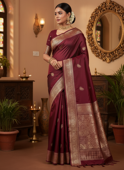 Maroon Banarasi Russian Silk Saree with Light Gold Pallu & Border - Traditional Wear