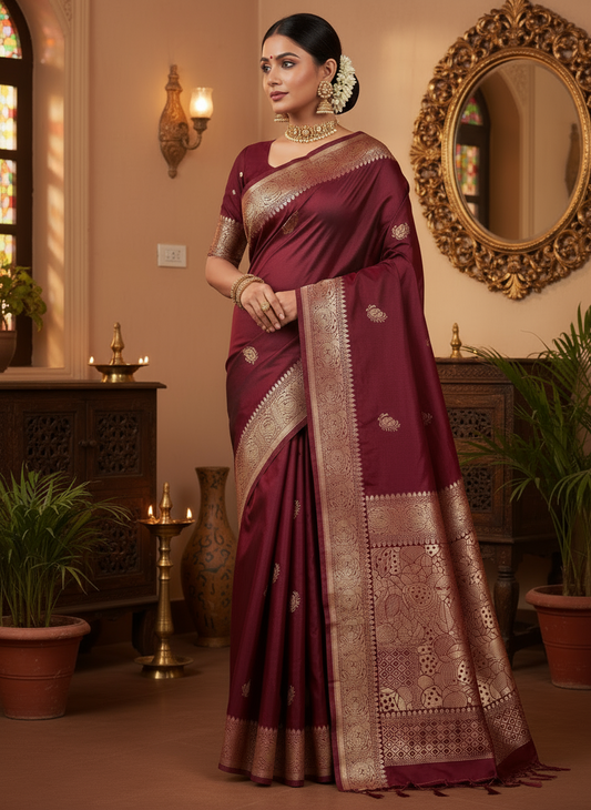 Maroon Banarasi Russian Silk Saree with Light Gold Pallu & Border - Traditional Wear