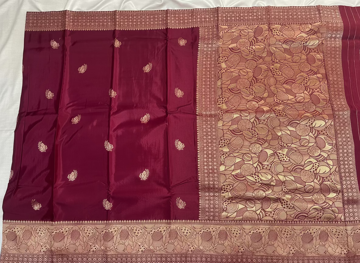 Maroon Banarasi Russian Silk Saree with Light Gold Pallu & Border - Traditional Wear