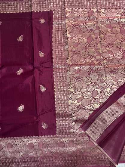 Maroon Banarasi Russian Silk Saree with Light Gold Pallu & Border - Traditional Wear