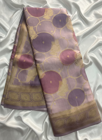 Lavender Banarasi Russian Silk Saree with Gold Circular shaped Rangkat weaving with Golden Leaf  Border- Designer Party Wear