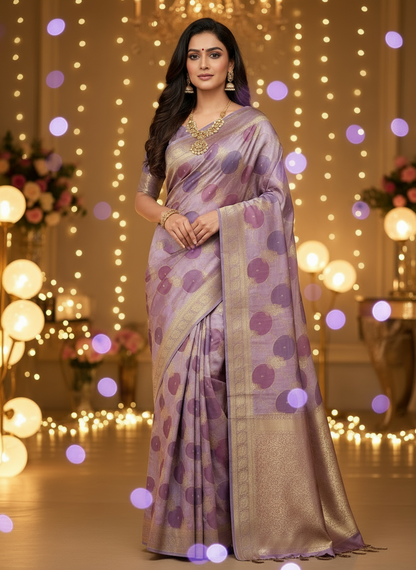 Lavender Banarasi Russian Silk Saree with Gold Circular shaped Rangkat weaving with Golden Leaf  Border- Designer Party Wear