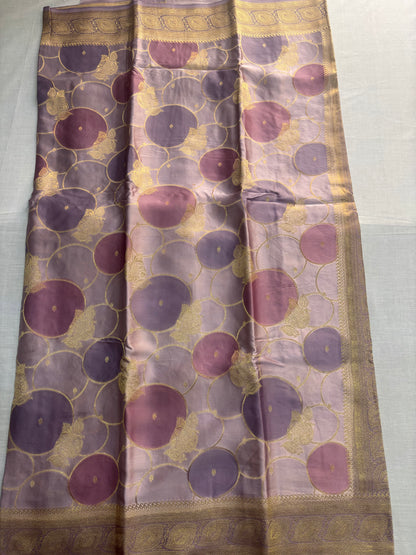 Lavender Banarasi Russian Silk Saree with Gold Circular shaped Rangkat weaving with Golden Leaf  Border- Designer Party Wear