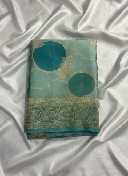 Sea Green Banarasi Russian Silk Saree with Gold Circular shaped Rangkat weaving with Golden Leaf Border- Designer Party Wear