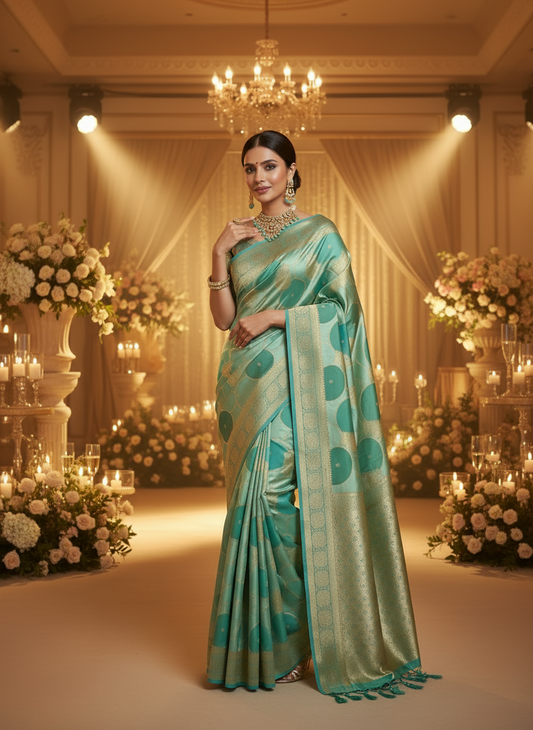 Sea Green Banarasi Russian Silk Saree with Gold Circular shaped Rangkat weaving with Golden Leaf Border- Designer Party Wear