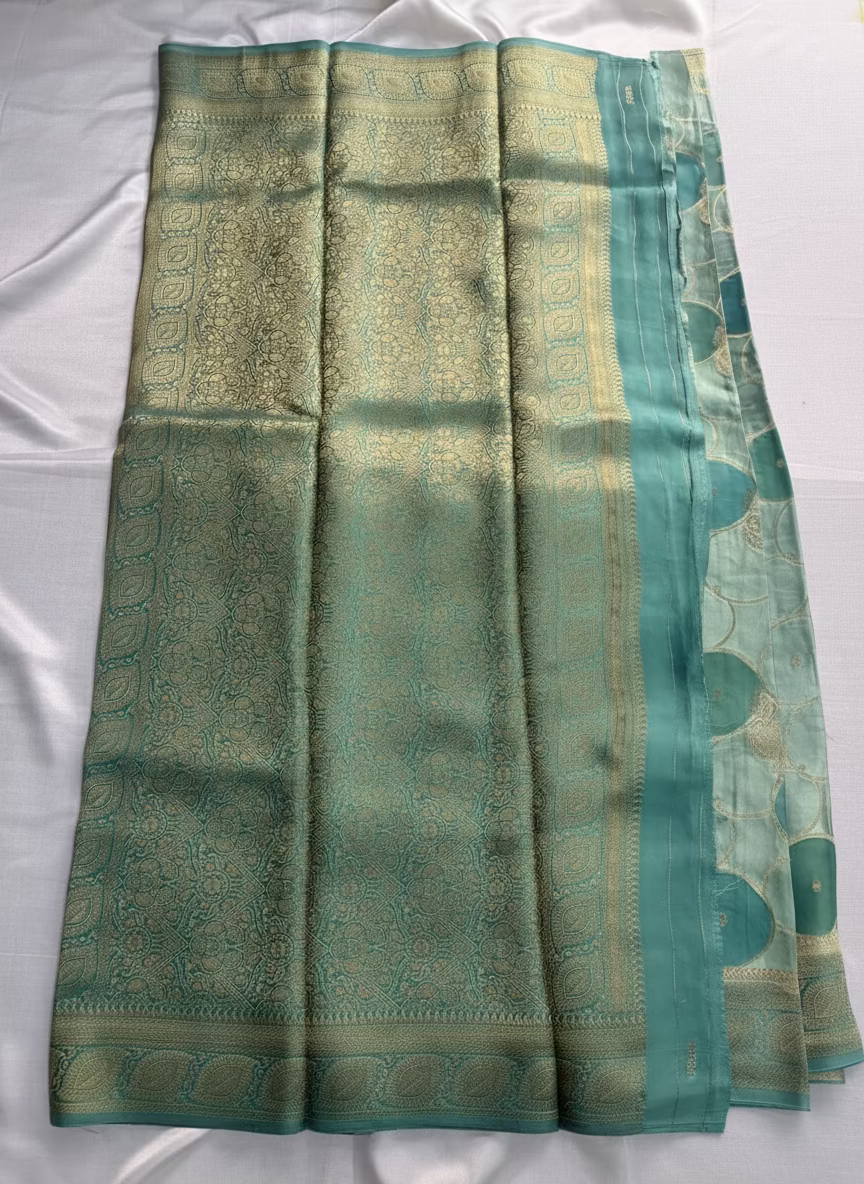 Sea Green Banarasi Russian Silk Saree with Gold Circular shaped Rangkat weaving with Golden Leaf Border- Designer Party Wear