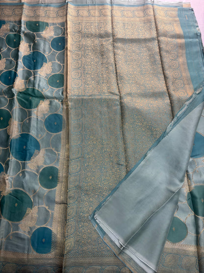 Sea Green Banarasi Russian Silk Saree with Gold Circular shaped Rangkat weaving with Golden Leaf Border- Designer Party Wear