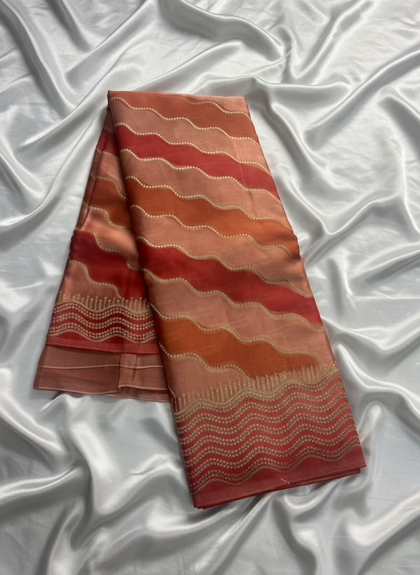 Red & Brown Banarasi Russian Silk Saree with Wavy lines in Rangkat weaving - Designer Party Wear